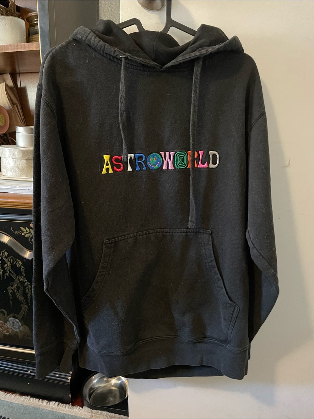 Astroworld Black Crewneck Hoodie with Multicolor Embroidered Logo - Men